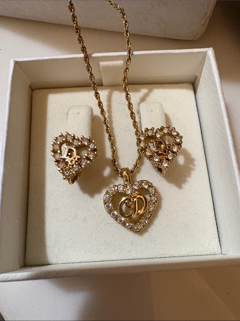 Authentic Dior Gold Heart Pendant Necklace and Matching Earrings with Crystal